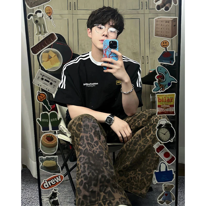 labzaa美式创意个性字母印花三条杠短袖t恤男女夏季休闲纯棉上衣