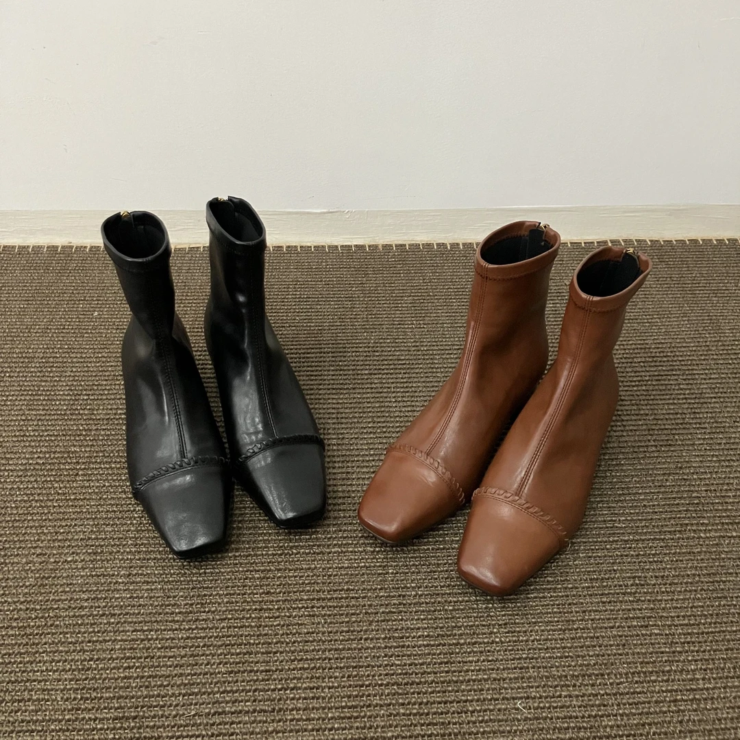 韩版优雅粗跟气质小方头后拉链瘦瘦靴弹力短筒时尚短靴百搭秋冬