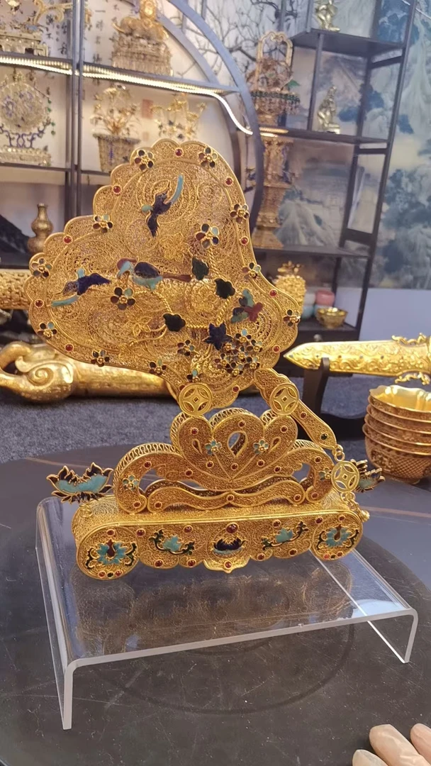 精品纯手工打造铜鎏金花一对扇子屏风