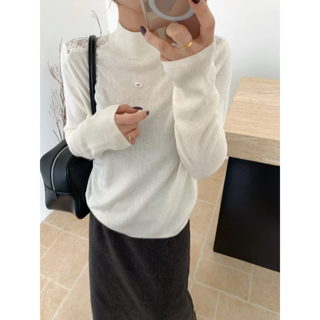 2025秋冬新款半高领后背拼接蕾丝小设计针织打底衫上衣气质G9-80