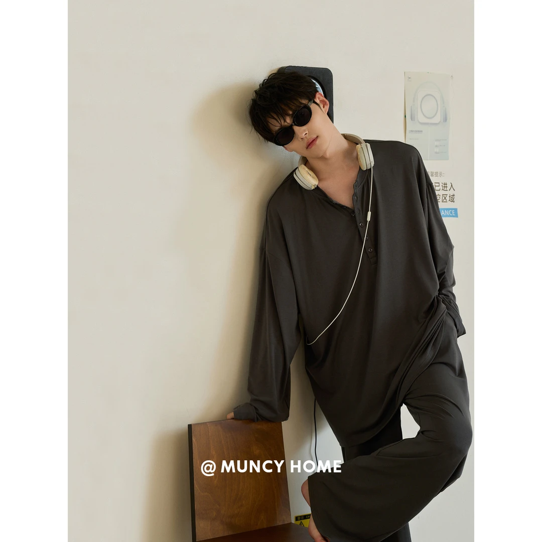 曼系“具象松弛”亨利领莱赛尔春秋男士睡衣超柔软宽松纯色家居服