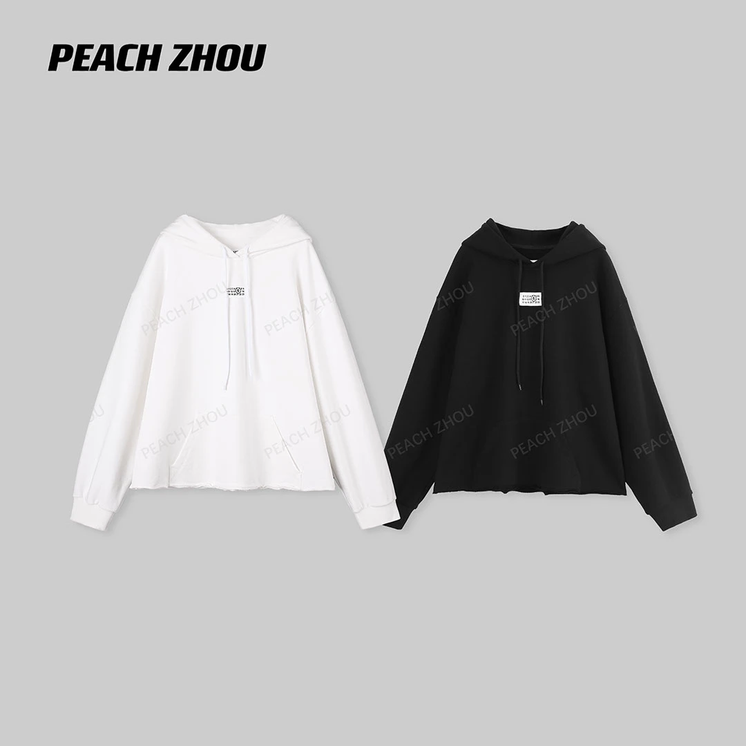 『PEACHZHOU』日历贴布绣卷边毛圈宽松连帽卫衣简约休闲高级感帽衫