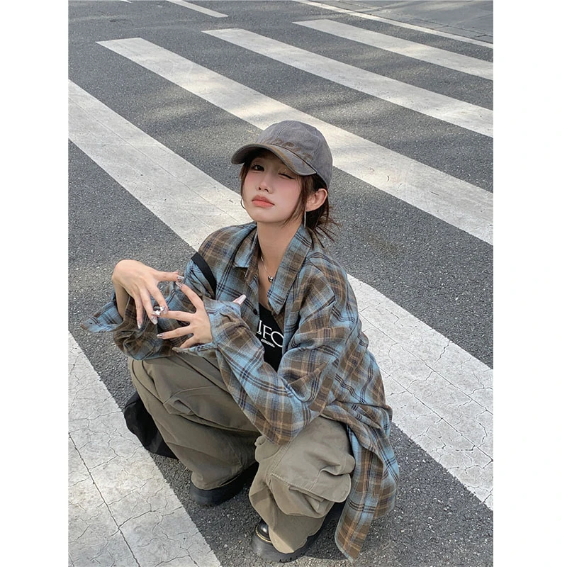 美式复古格子长袖衬衫男女秋季慵懒风外搭衬衣宽松外套情侣装上衣