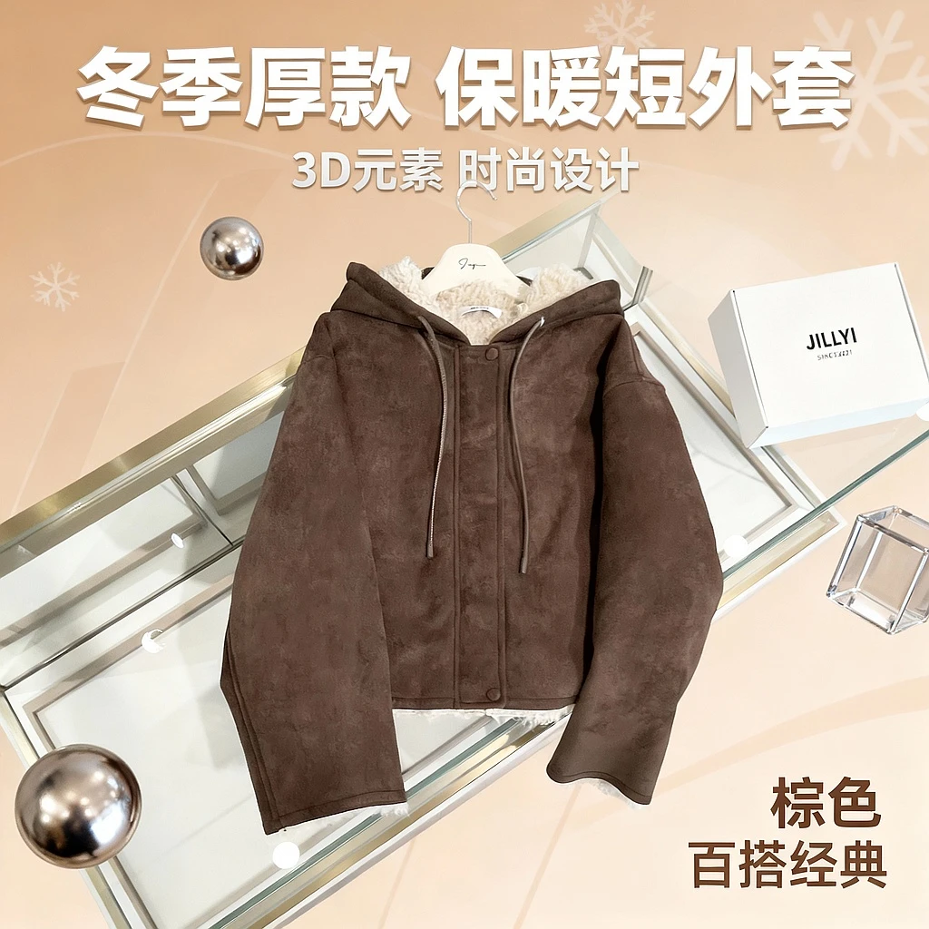 JILLYI【周末壁橱】秋冬百搭连帽休闲风拉链棕色短外套帽衫设计师