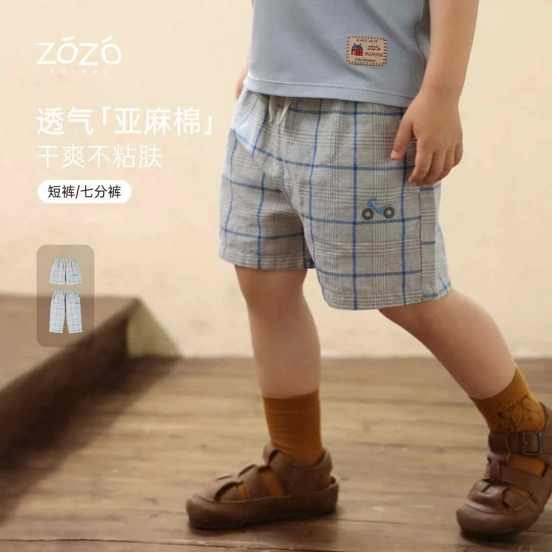 ZOZO&MOMMY左悠【格速漫游】亚麻棉色织格子绣花短裤七分裤