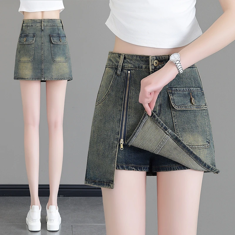 春夏防走光高腰显瘦A字牛仔短裙包臀复古辣妹拉链开叉设计半身裙