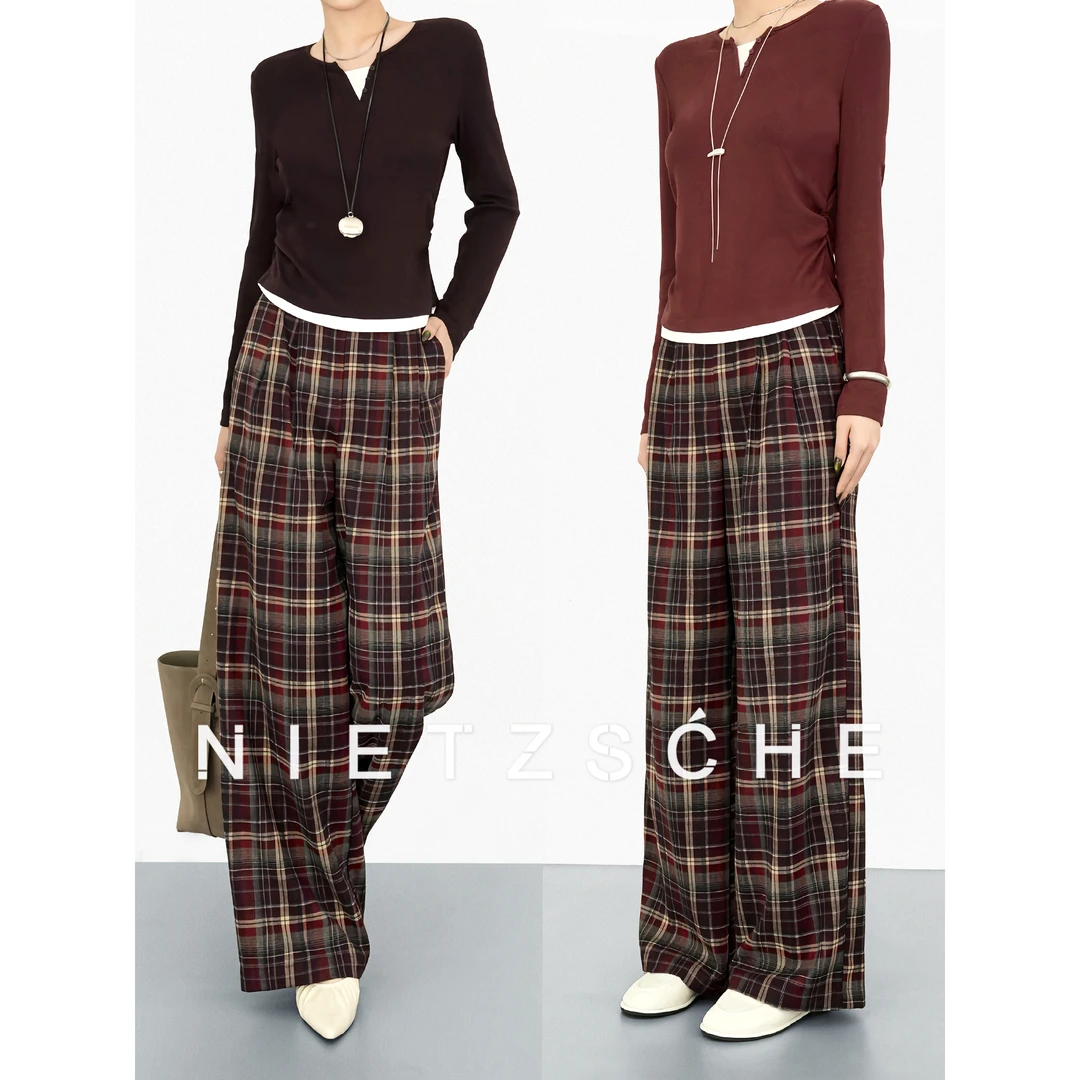 尼采官方直营｜好运裤｜格纹裤色织磨毛宽松慵懒红格裤子62007