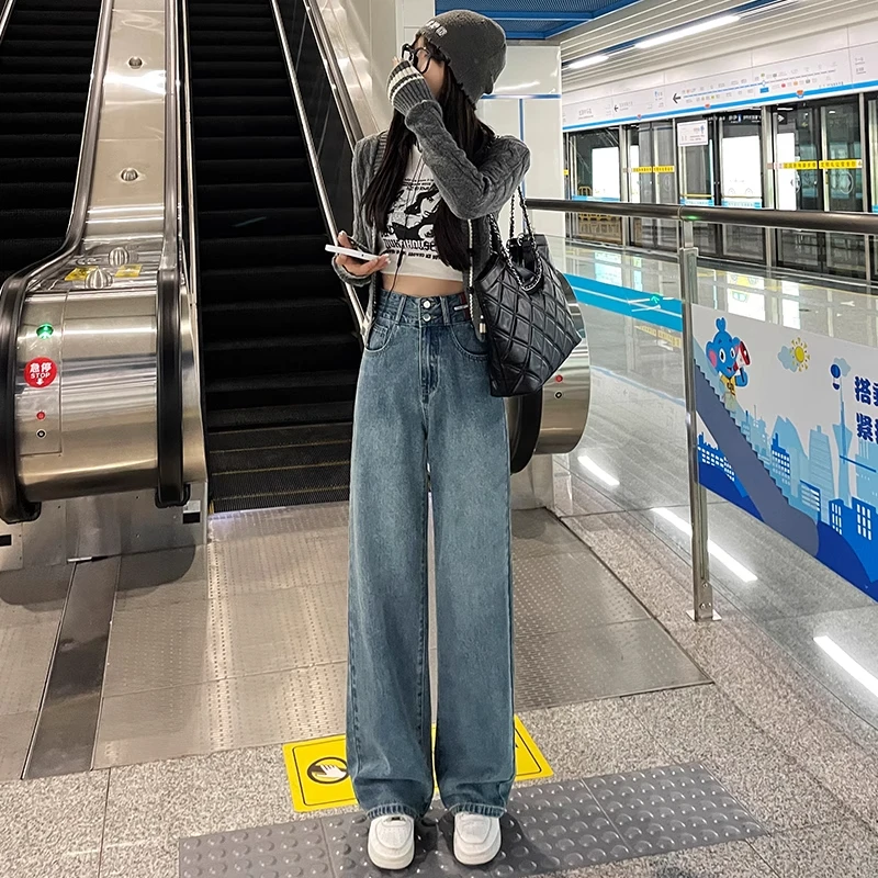 复古阔腿裤牛仔女秋季新款双扣窄版宽松直筒垂感显瘦高腰拖地裤