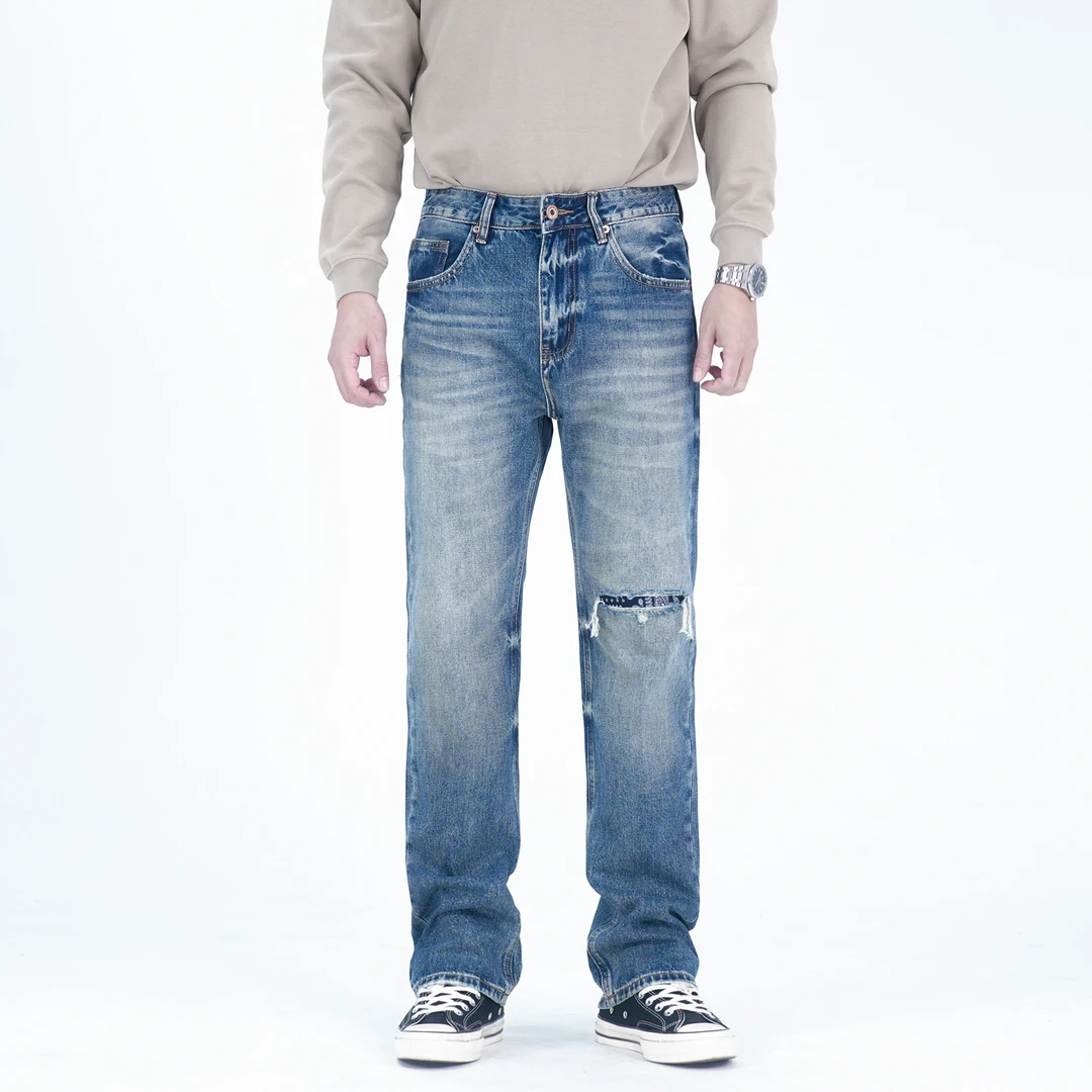 DIPAI/底牌秋冬厚款破洞补丁水洗工艺复古百搭美式蓝色牛仔裤男士