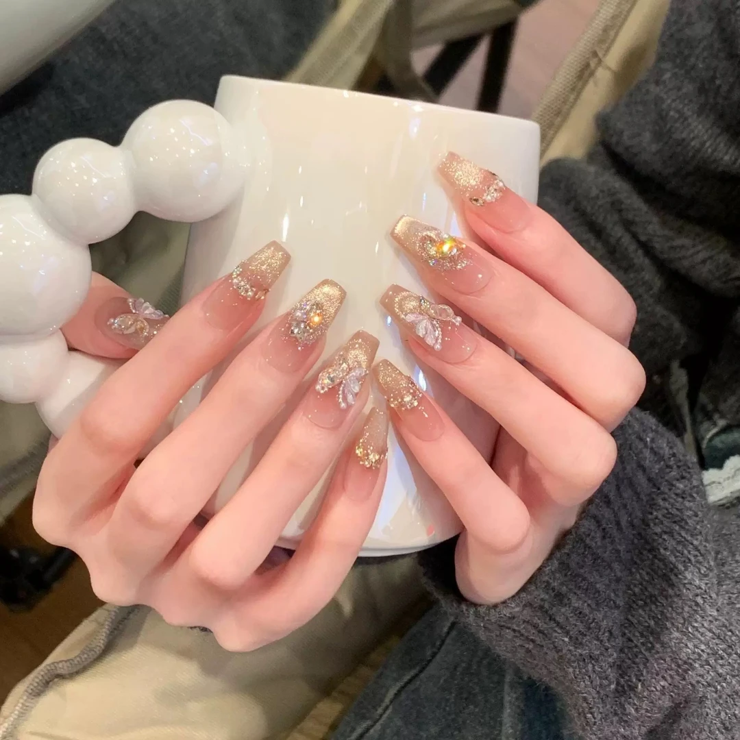 【烫金蝴蝶】纯手工穿戴甲10片装宠粉爆款猫眼闪钻显白好