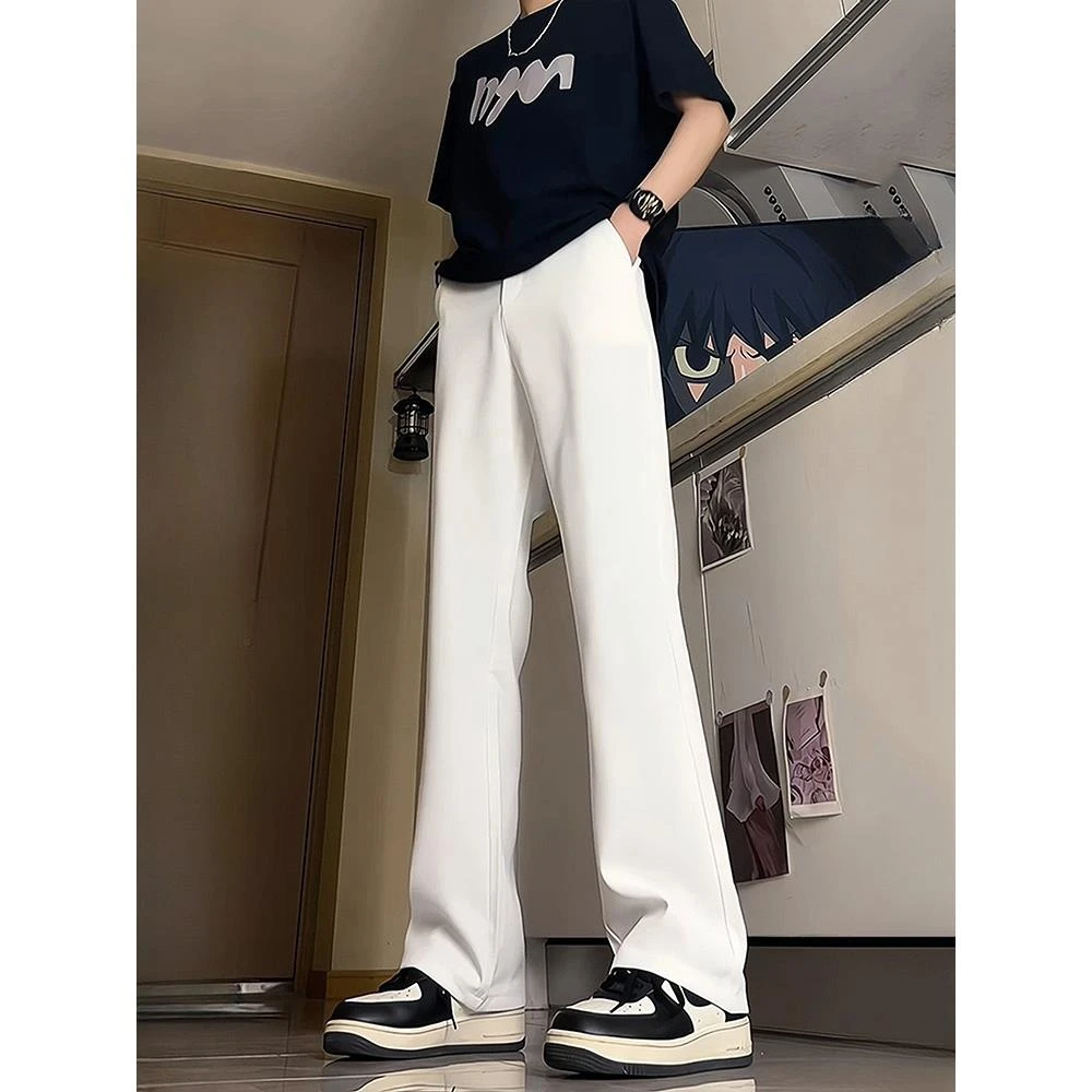 高个子加长白色柳叶弯刀冰丝西裤男夏季窄版显瘦直筒垂感微喇裤子