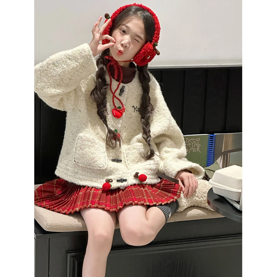 K29877孙小美彩点女童短款外套2025新款秋冬装大童儿童加厚毛毛衣