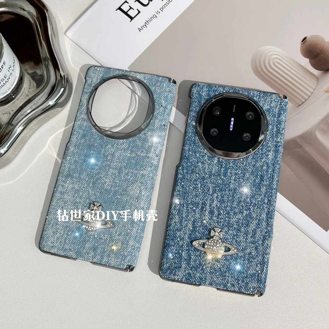 高级感定制适用华为matex5透黑中轴闪钻牛仔款创意真皮印花手机壳