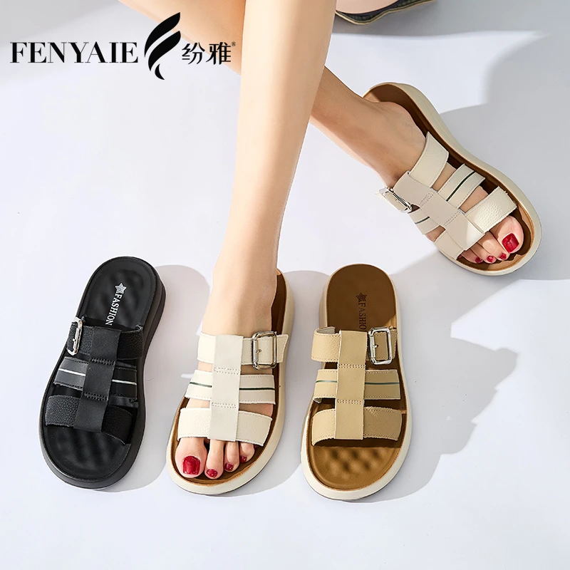 纷雅夏季2025新款露趾真皮凉鞋舒适时尚百搭平底沙滩鞋防滑7002