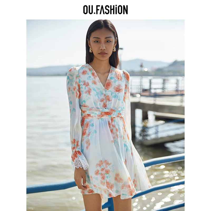 OU.FASHION/欧点优雅V领印花收腰短裙女长袖连衣裙1122410286