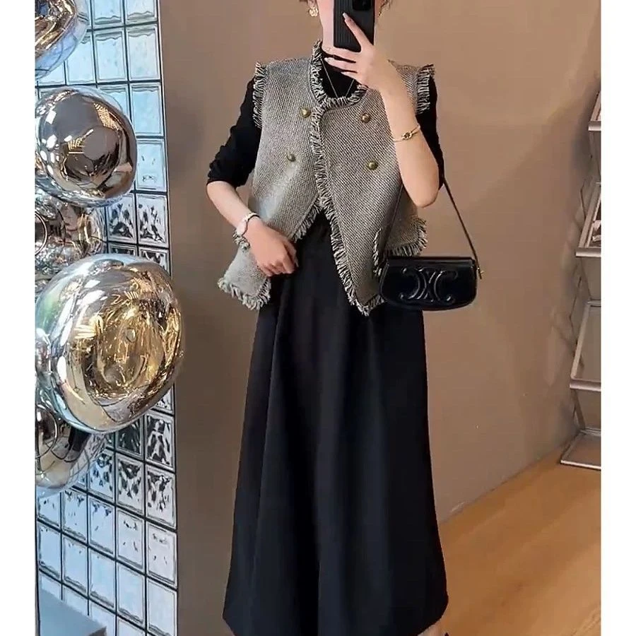 法式小香风马甲连衣裙两件套2025春秋新款大码胖MM高级感时髦套装