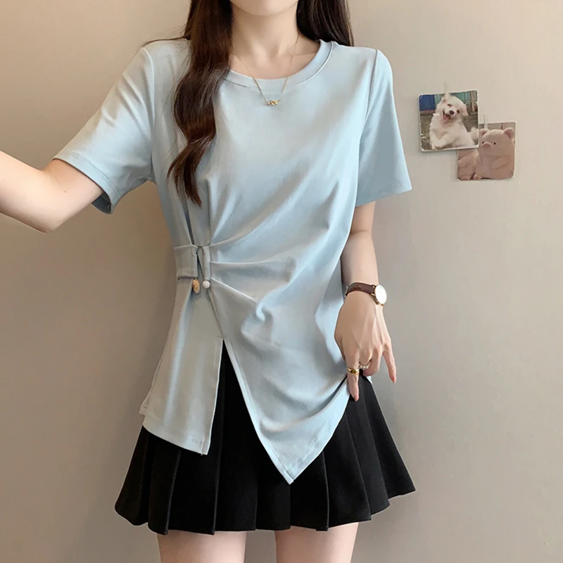 韩系不规则短袖t恤女2025新款夏季别致设计感小众高级感正肩上衣