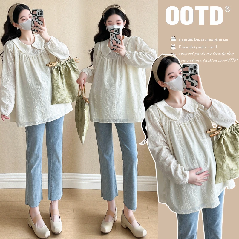现货2025春季新款孕妇韩版娃娃领刺绣甜美气质宽松娃娃衫