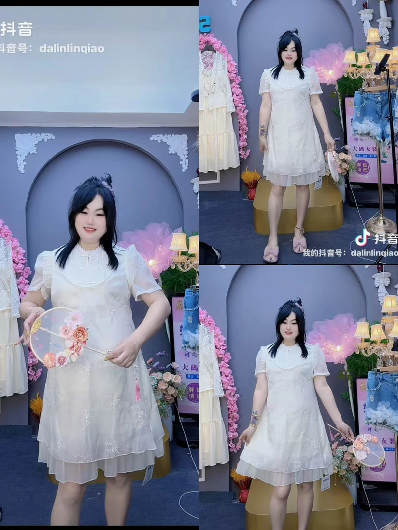 LL琳大码微胖mm大码女装夏季显瘦新中式国风刺绣小飞袖连衣裙1056