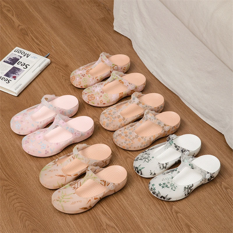 印花玛丽珍（跟高4cm）洞洞鞋女夏季防滑厚底凉拖鞋包头外穿沙滩鞋