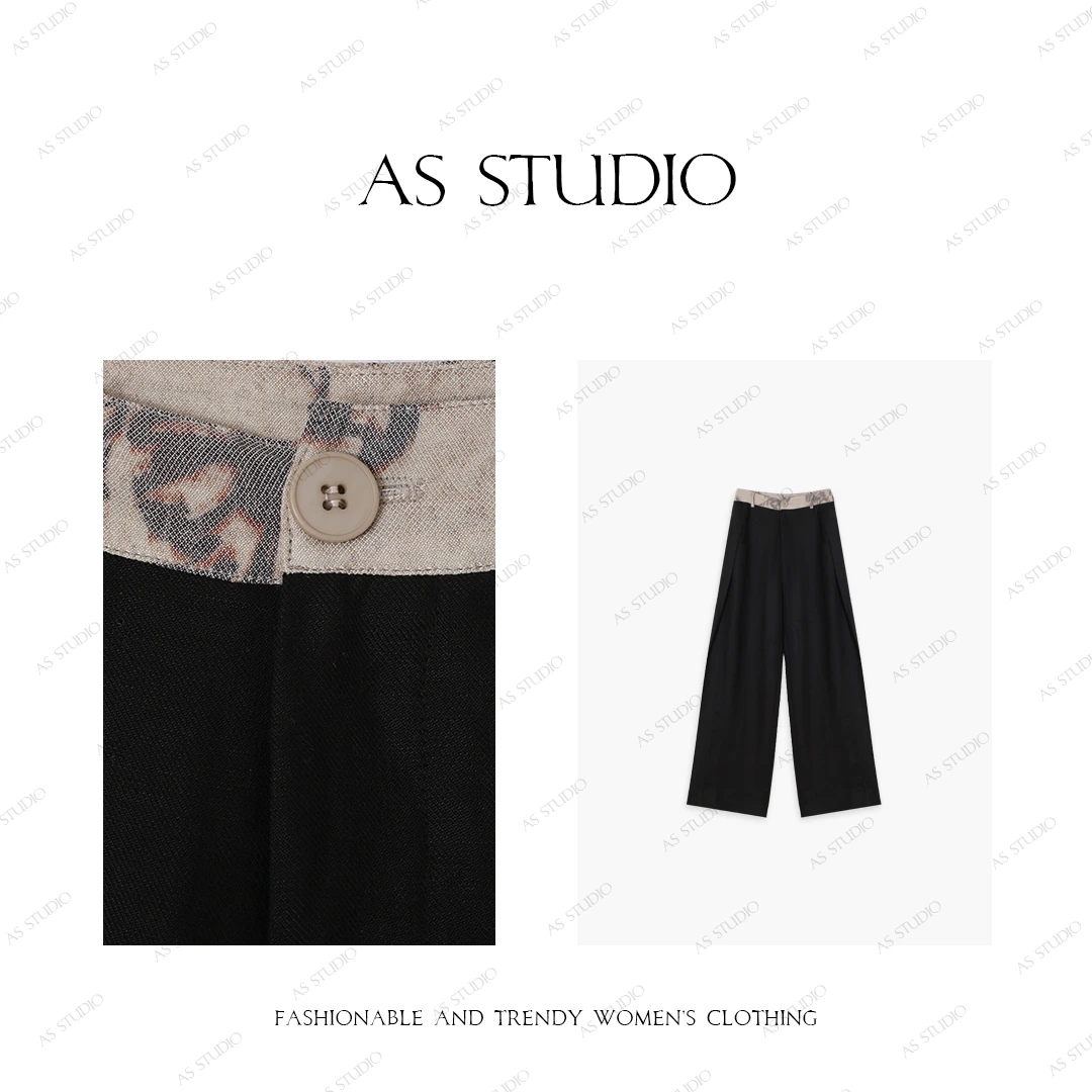 【AS墨染】25新原创撞色印花腰头显瘦百搭亚麻休闲西裤AS25CKZ4668