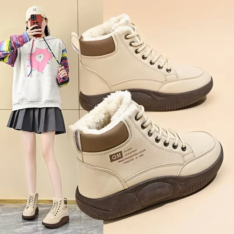 w真皮加绒冬季棉鞋马丁厚底增高雪地靴保暖百搭棉鞋时尚保暖鞋