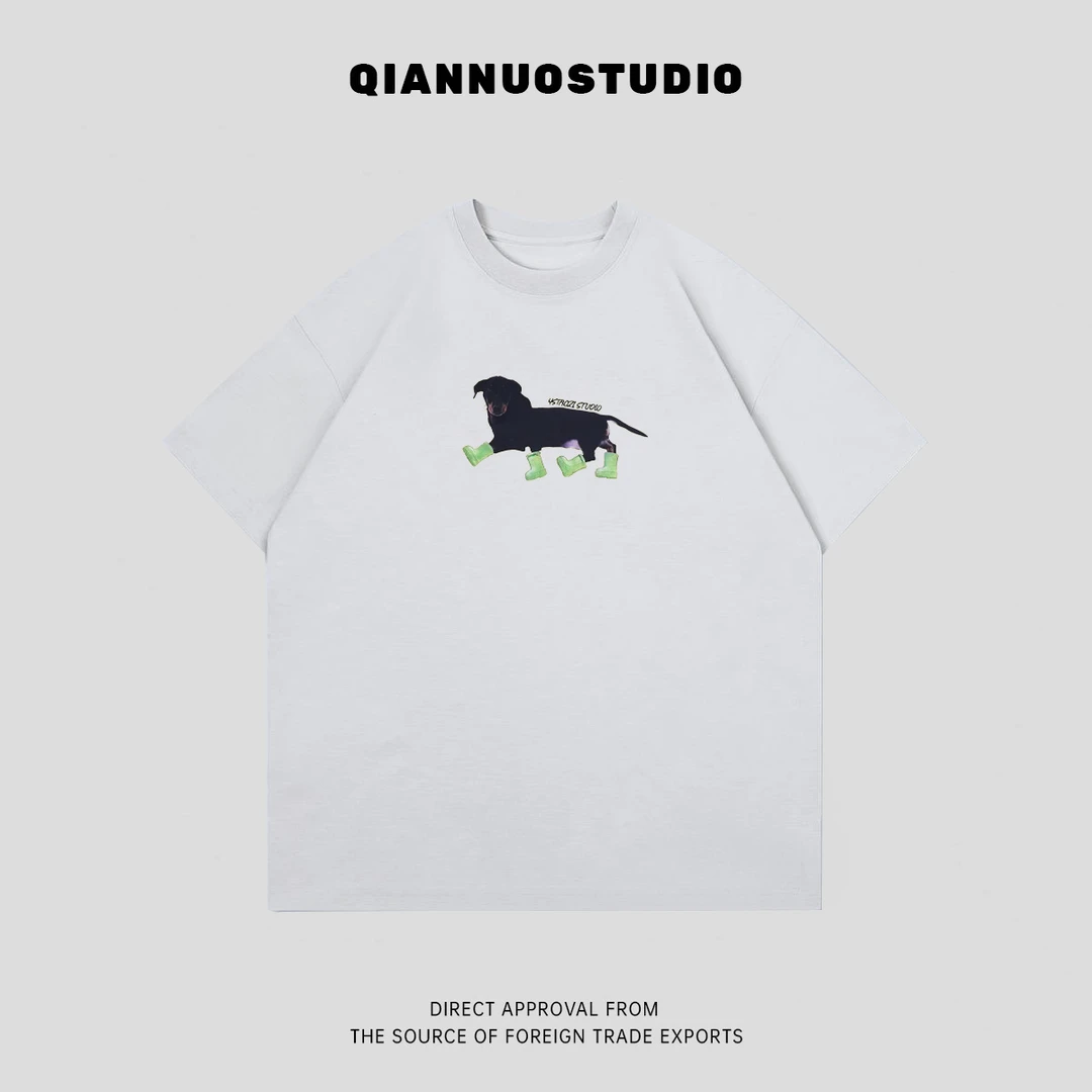 美式小众设计感腊肠狗狗印袖T恤女款高街半袖花