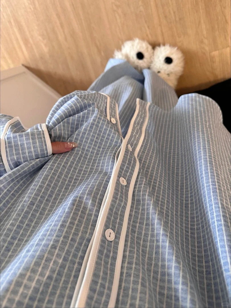 慵懒风露肩可外穿睡衣女秋季柔软棉家居服女条纹阔腿裤家居服套装