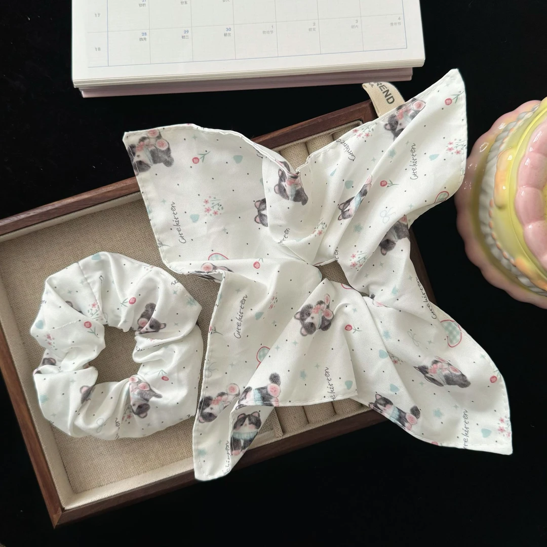 日系可爱白色猫咪印花方巾大肠发圈甜美少女风丸子头肥肠发绳发饰