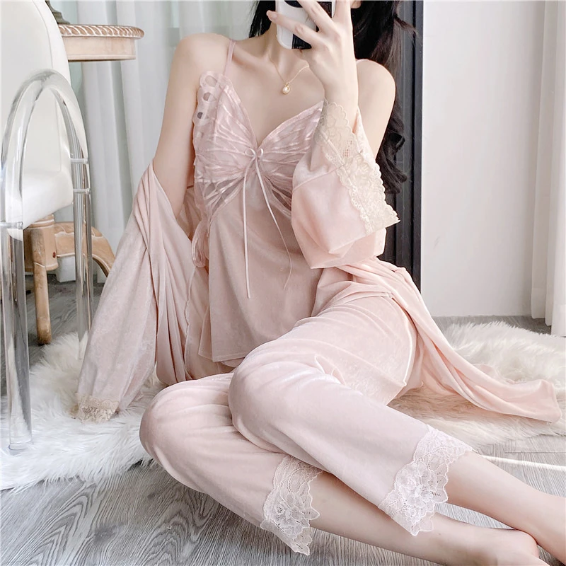 春秋金丝绒睡衣长袖长裤三件套秋冬性感蕾丝带胸垫吊带睡袍家居服