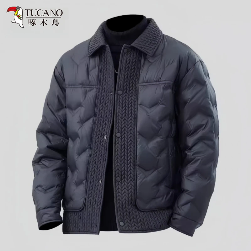 啄木鸟男士冬季新款潮牌翻领加厚短款棉衣外套轻薄款麦穗拼接棉服