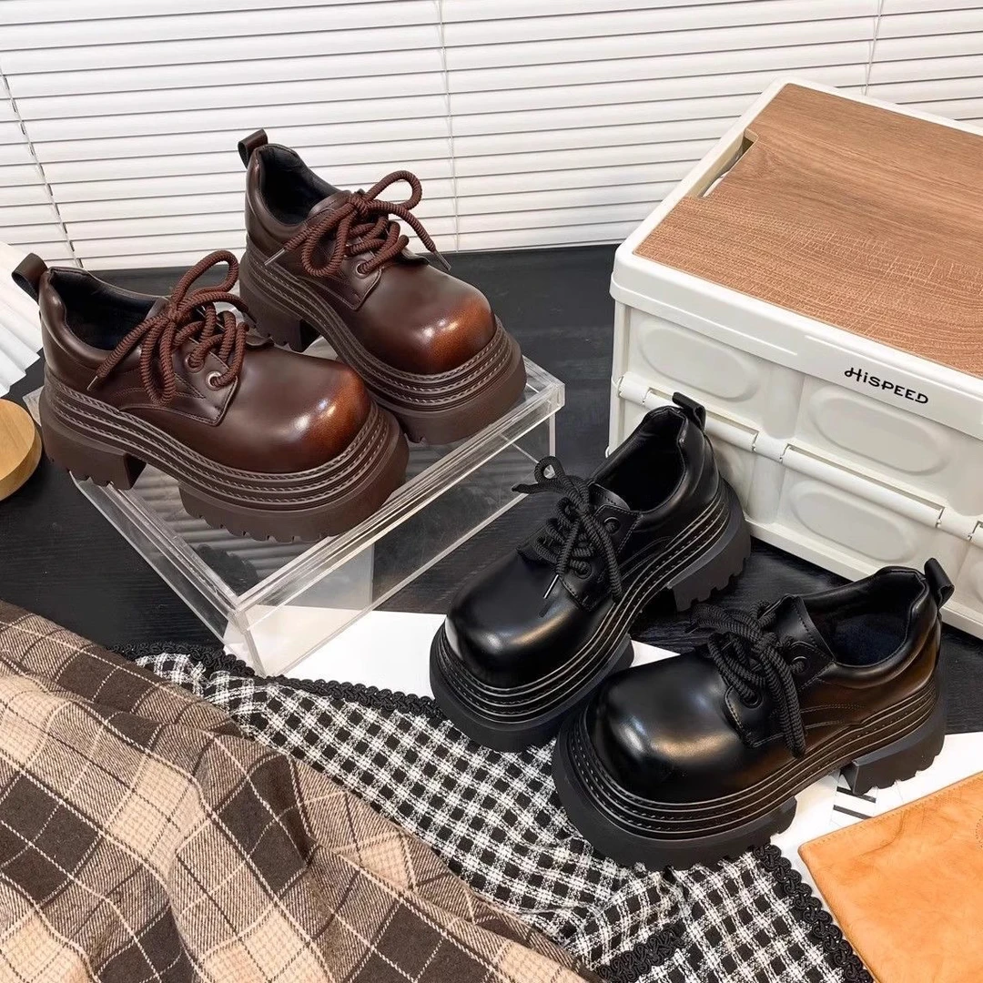 A10-1圆头系带厚底松糕乐福鞋女秋新款英伦风擦色复古粗跟小皮鞋