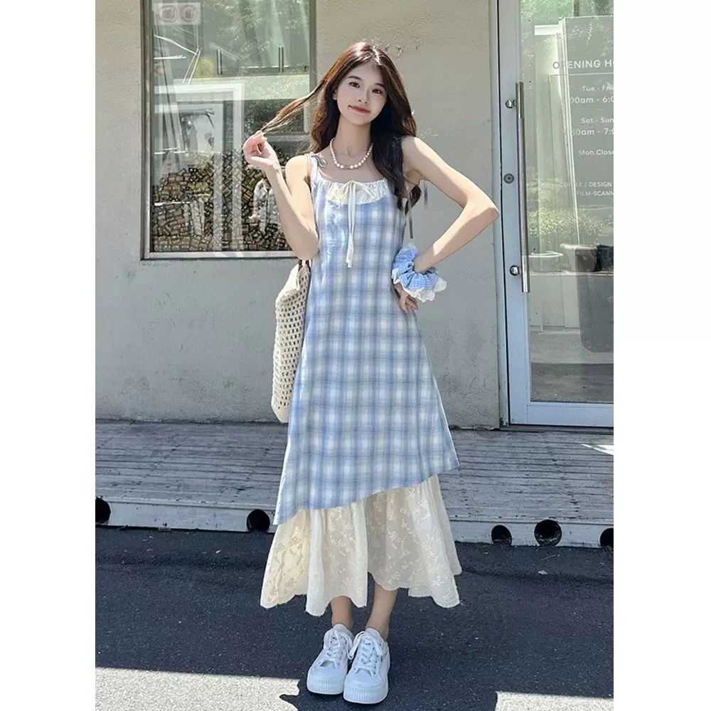 海边度假风蓝色格纹假两件吊带连衣裙女夏季新款设计感长裙子