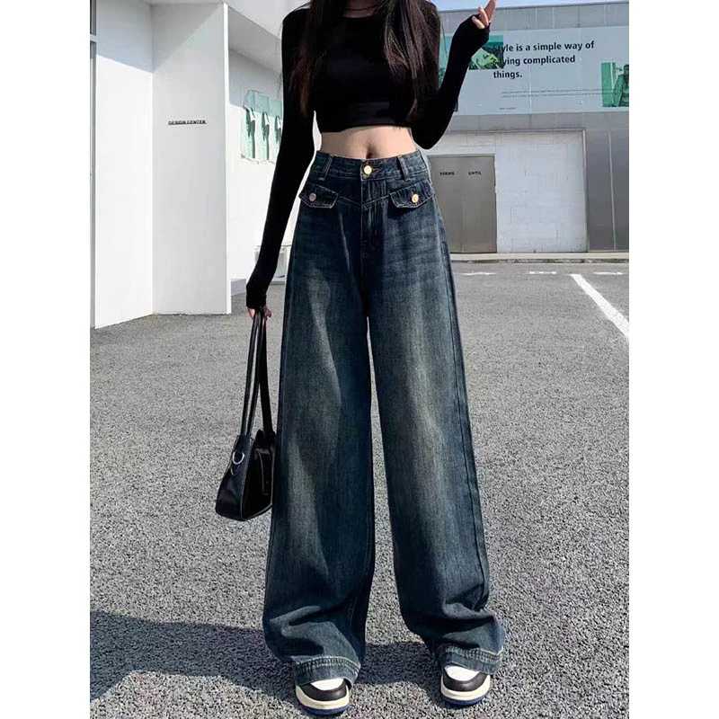 （女装）001 秋季新款蓝色高腰宽松显瘦垂感直筒牛仔拖地裤