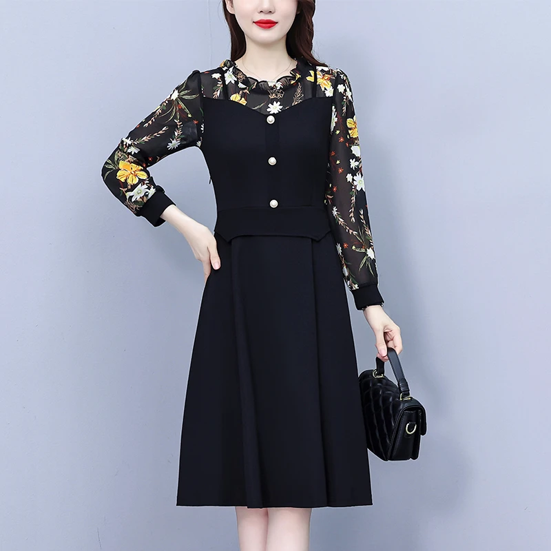 秋季大码女装黑色长袖显瘦遮肚连衣裙外穿时尚洋气荷叶领FA8387