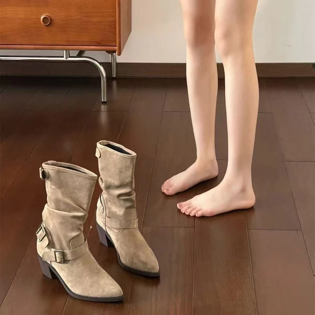 法式复古方头粗跟短靴女秋冬新款西部靴褶皱堆堆靴百搭瘦瘦靴-Y