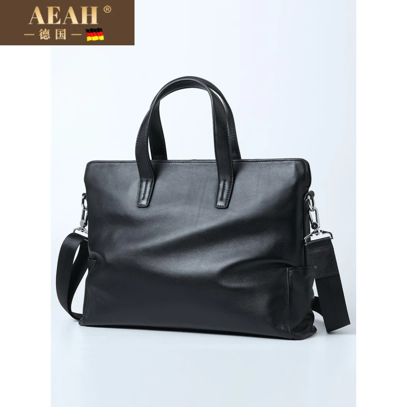 AEAH男士包包手提包真皮包羊皮横款商务单肩简约男包软皮公文包潮