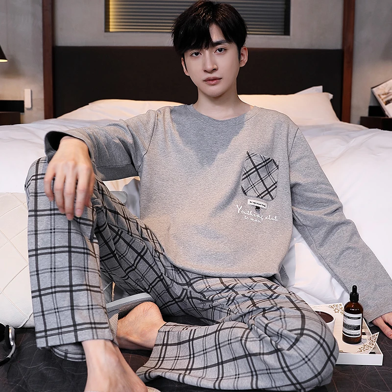 卡之恋男士睡衣秋季长袖纯棉加厚简约高档浅灰长裤家居服