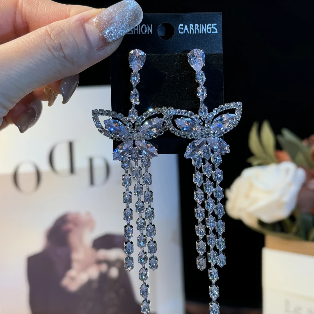 铜合金耳饰 闪蝶】超闪锆石气质轻奢时尚蝴蝶流苏耳环重工优雅耳钉