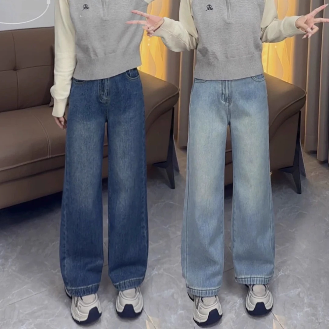 秋冬加绒直筒牛仔裤女小个子穿搭2025新款高腰显瘦窄版宽松阔腿裤