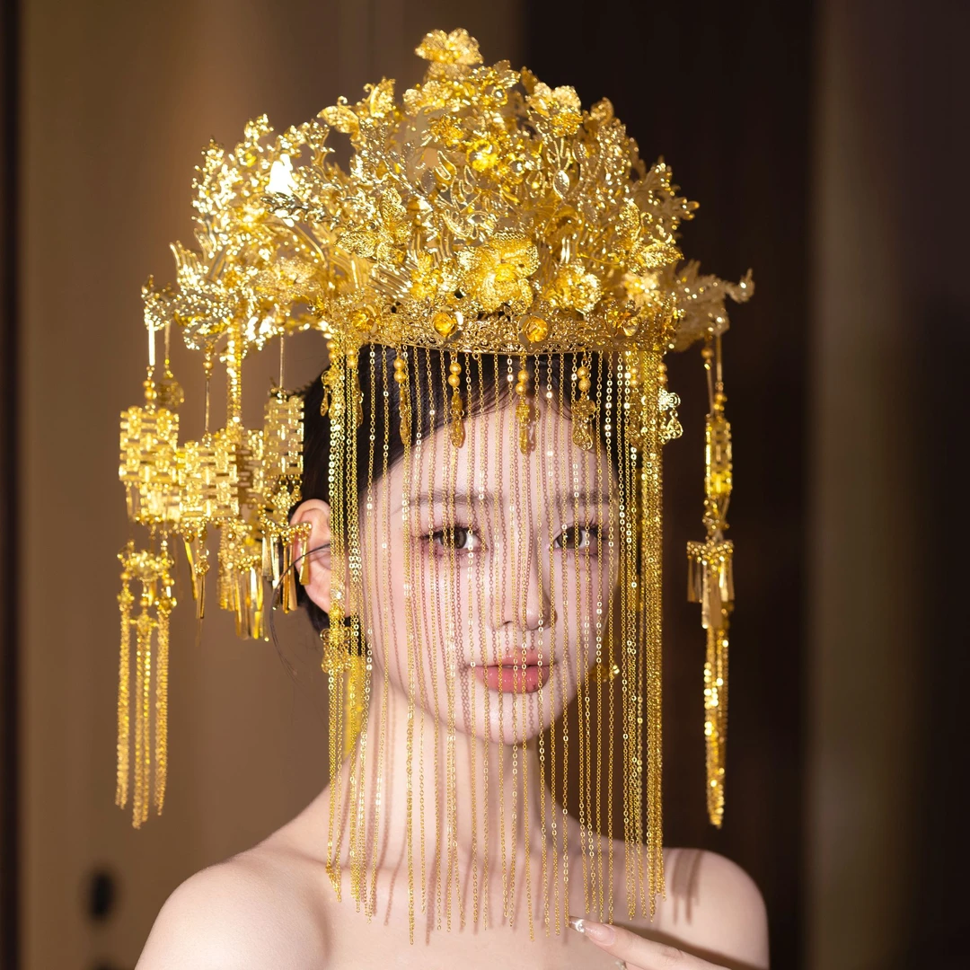 予禧-15326金色凤冠金色新中式新娘饰简单流苏奢华婚礼大冠