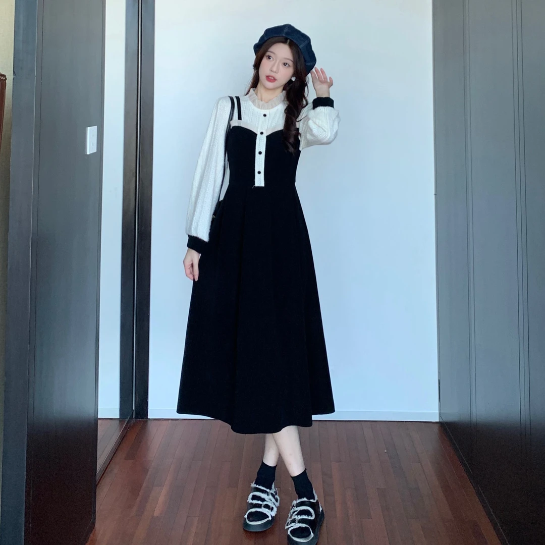 大码气质蕾丝拼接假两件连衣裙女春春胖mm法式气质复古内搭裙1632