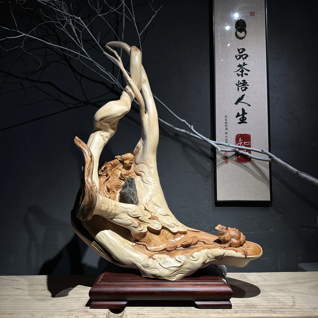 刘海戏金蟾 崖柏根抱石 木雕根雕 精品雕刻摆件 长53宽33高75