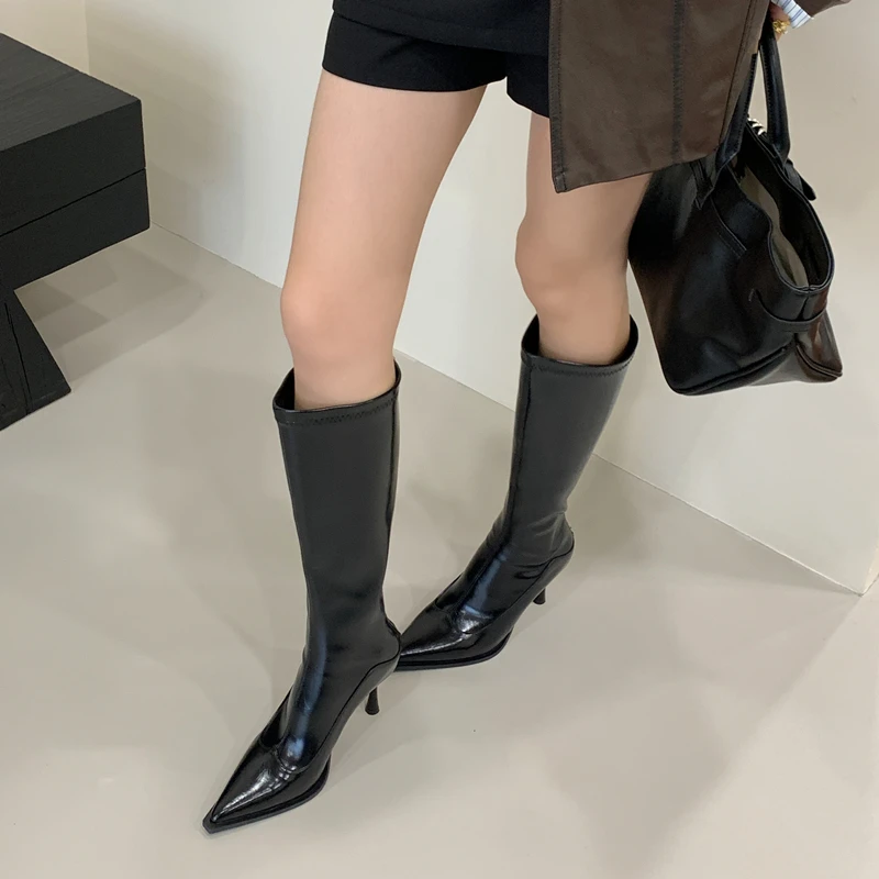 2025春秋新款尖头细跟高筒靴女显瘦显高后拉链弹力瘦瘦靴切尔西靴