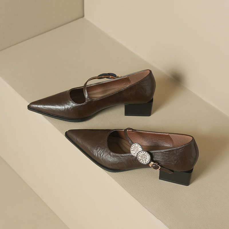 法式单鞋女一脚蹬浅口小皮鞋复古粗跟一字扣带高跟鞋尖头玛丽珍鞋