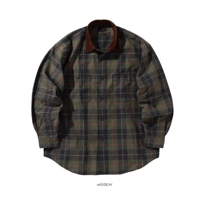 灯芯绒领工装格纹衬衣外套