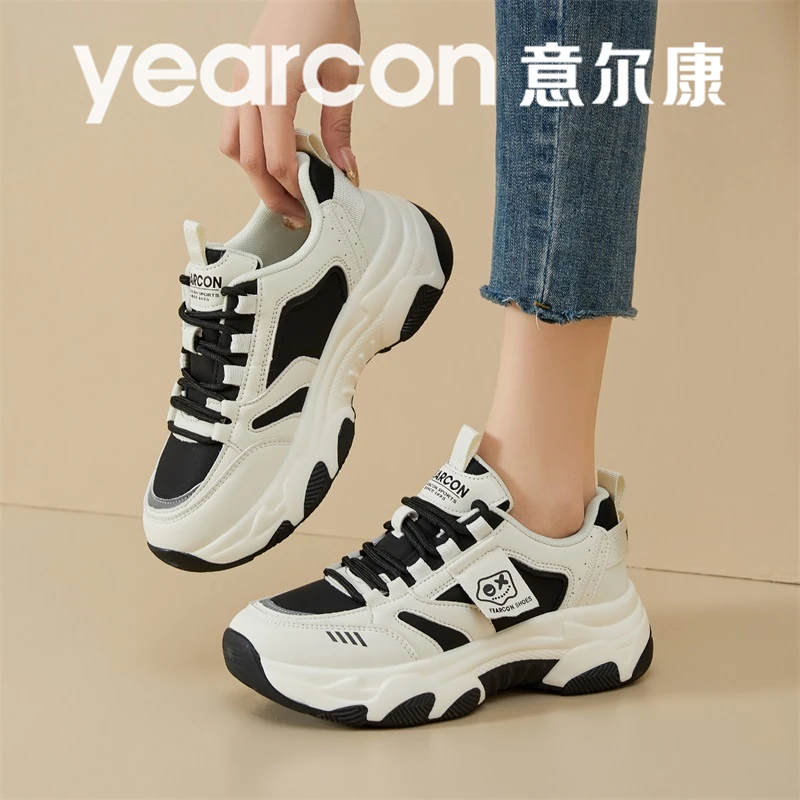 意尔康女鞋秋季2025新款女生皮面运动老爹鞋厚底增高显脚小旅游鞋