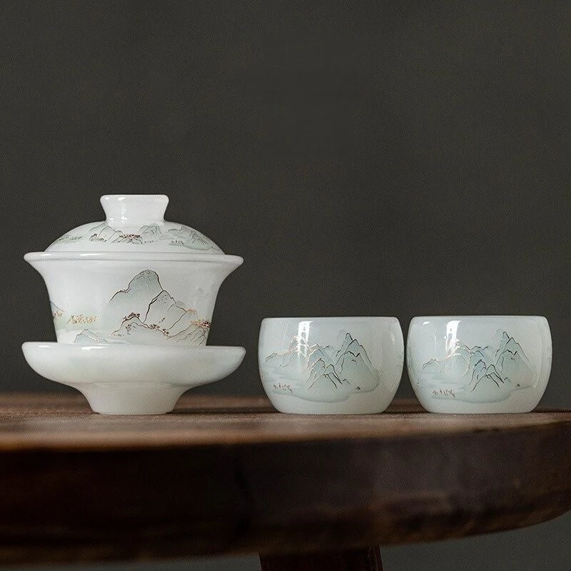 琉璃白千里江山盖碗配两杯