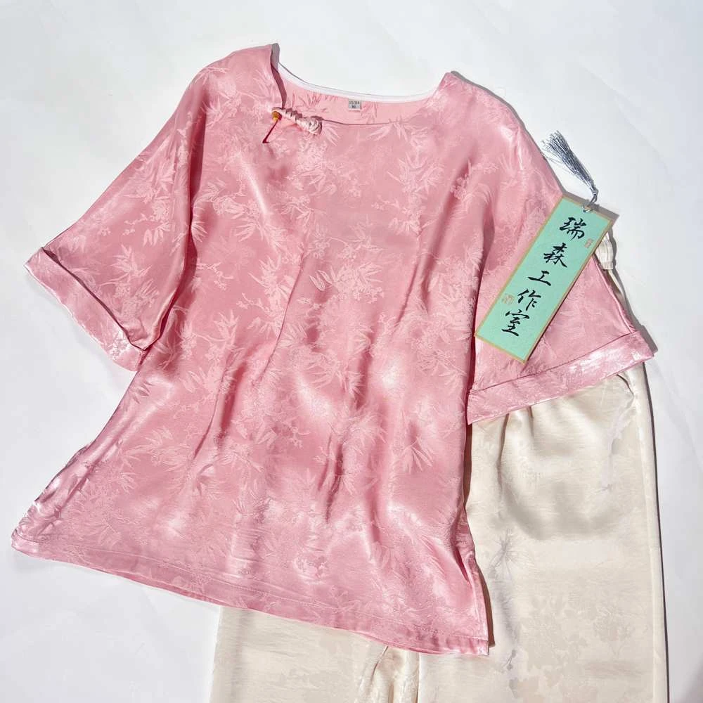 804 夏季国风圆领琵琶扣短袖T恤上衣-胸围102-衣长60cm