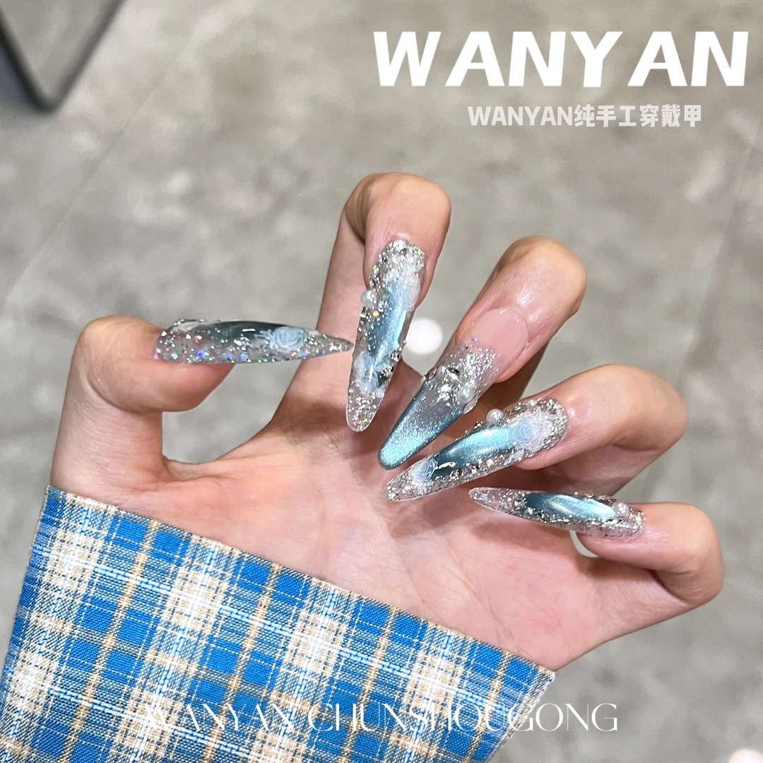 “蔚蓝岛屿”CHUN·海蓝色猫眼纯手工穿戴美甲推荐显白短中长款